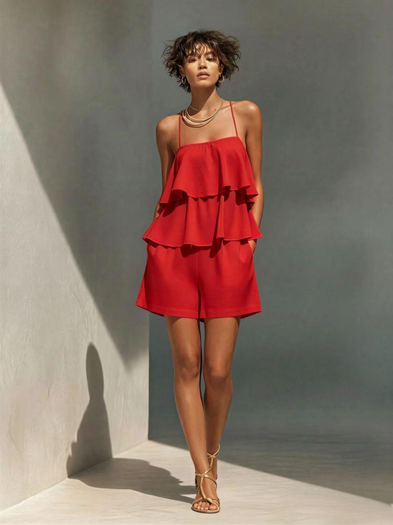 Multi-layer Ruffle Loose Camisole And Shorts Set 