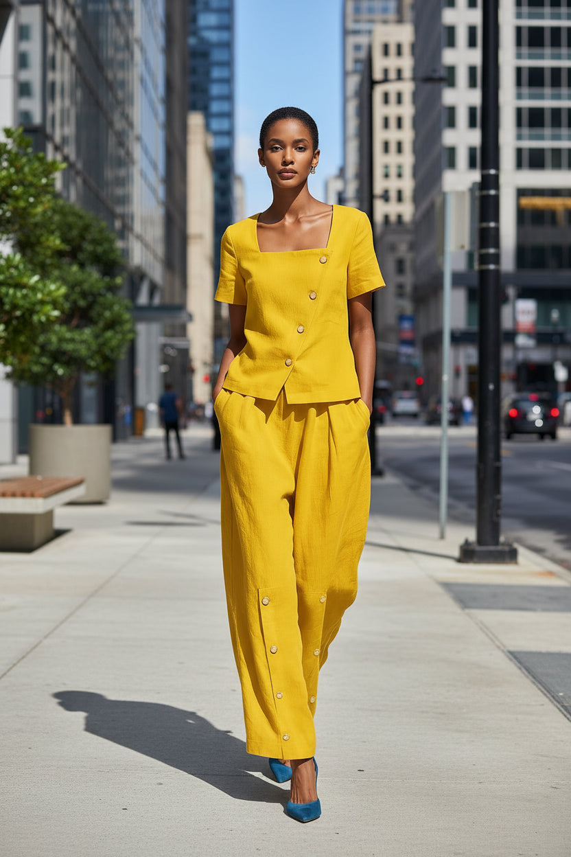 Womens Loose Short-Sleeve Top And High-Waist Pants Two-Piece Set 