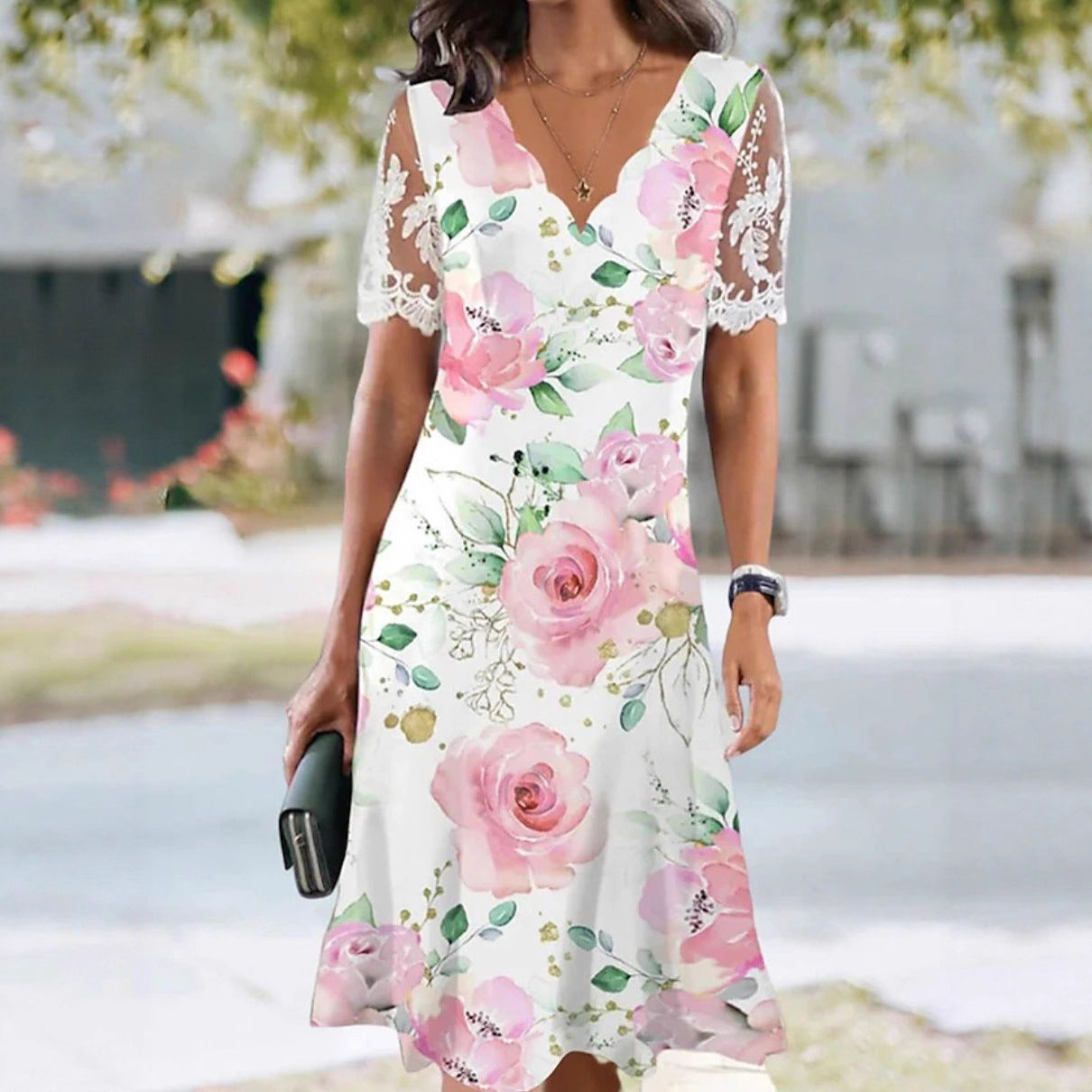 Lace Short-sleeve Floral Dress Women's Clothing 