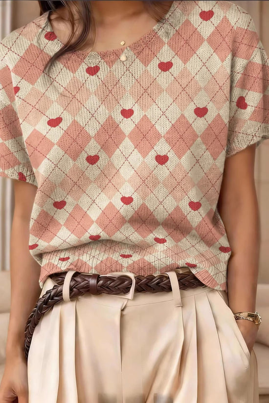 Retro Short-Sleeve Sweater Contrast-Color Jacquard Knit Top 
