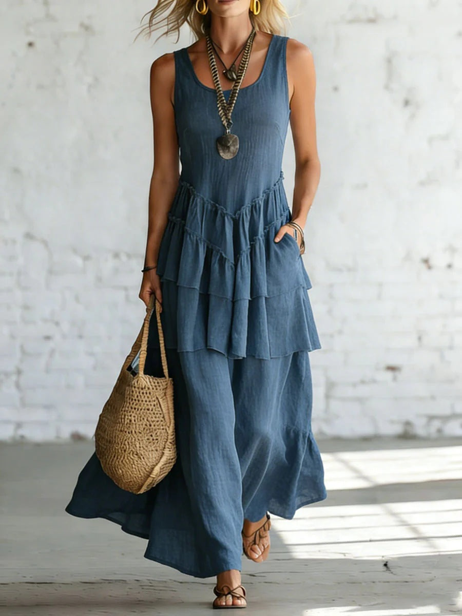 Cotton-linen Loose-fit Maxi Dress With A Sleeveless Design 