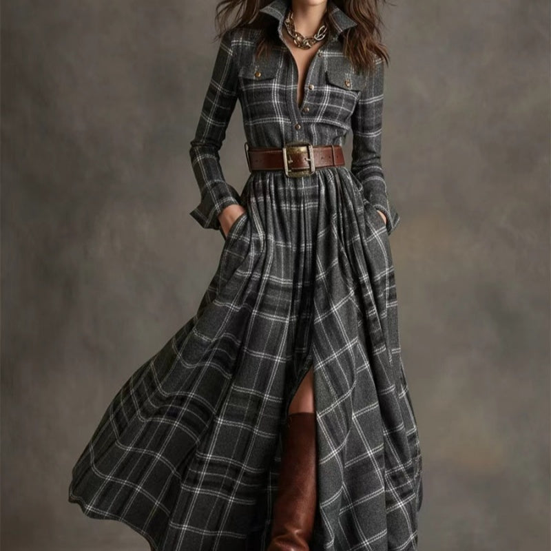 Ins Plaid Print Long-Sleeved Dress Fashion Pockets Collared Buttons Shirt Long Dresses Retro Women's Clothing 