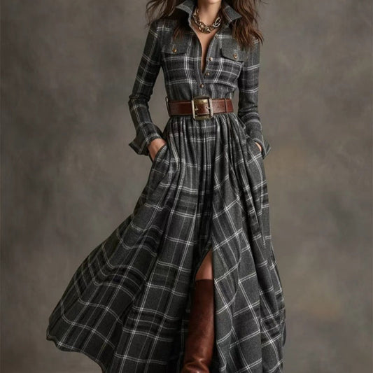 Ins Plaid Print Long-Sleeved Dress Fashion Pockets Collared Buttons Shirt Long Dresses Retro Women's Clothing 
