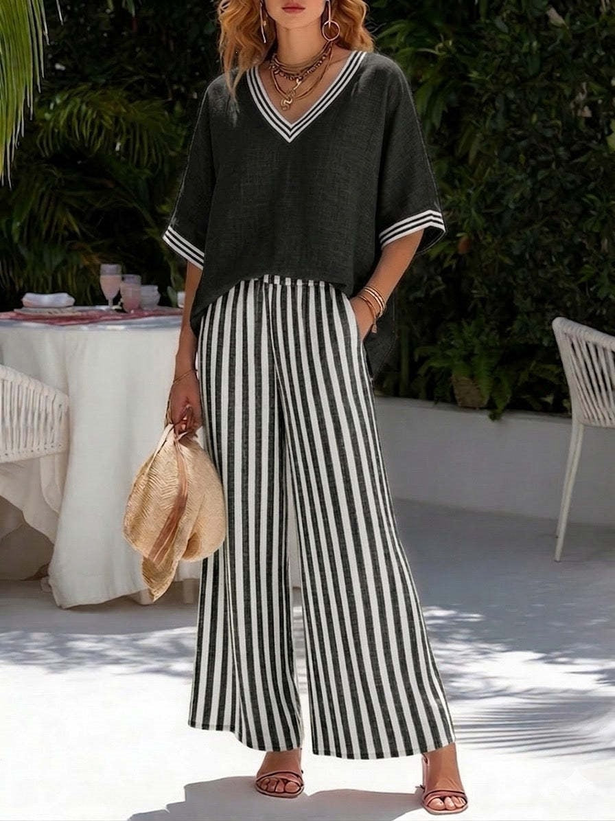 Tunic-style Striped Casual Trousers Womens Outfit 