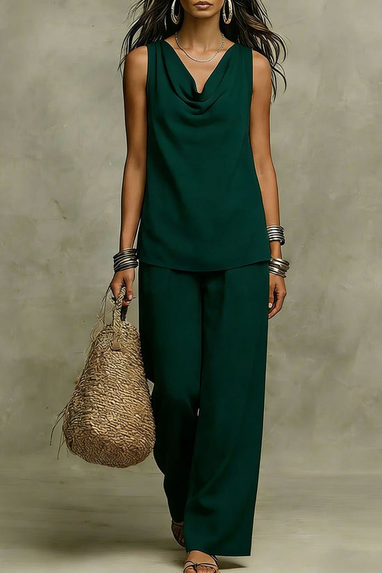 Womens Slash-Neck Sleeveless Tank Top And Casual Pants Set 