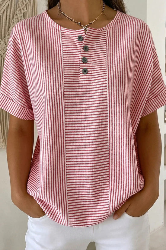 Casual Solid Color V-Neck Buttoned Striped Cotton-Linen T-Shirt 