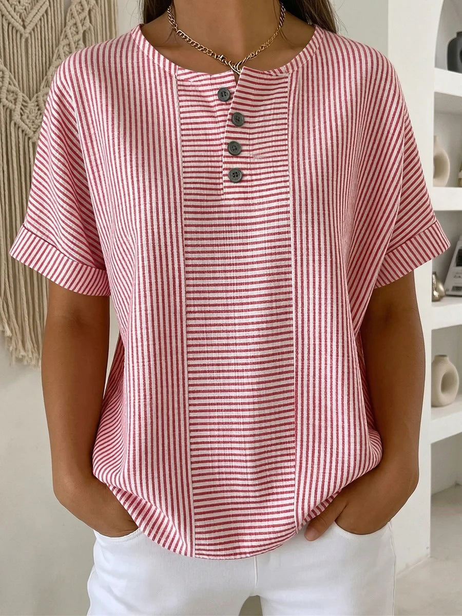 Casual Solid Color V-Neck Buttoned Striped Cotton-Linen T-Shirt 