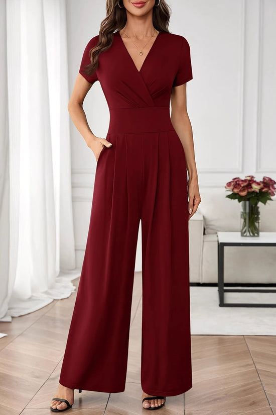 Women's Solid-Color Short-Sleeve Pleated Wide-Leg Jumpsuit 
