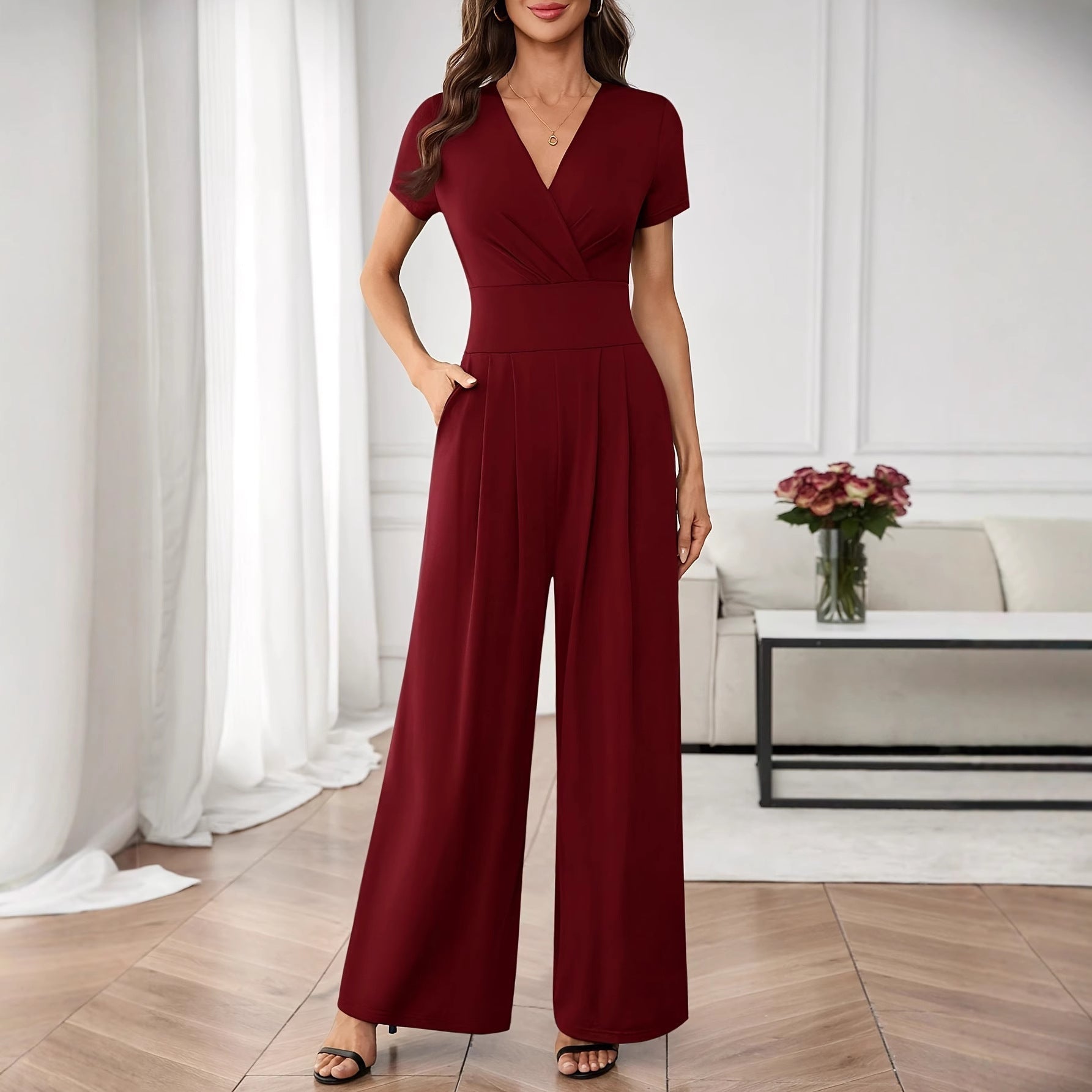 Women's Solid-Color Short-Sleeve Pleated Wide-Leg Jumpsuit 