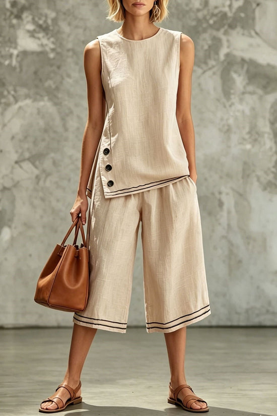 Sleeveless Side-split Tank Top Paired With Wide-leg Cropped Pants Womens Two-piece Set 