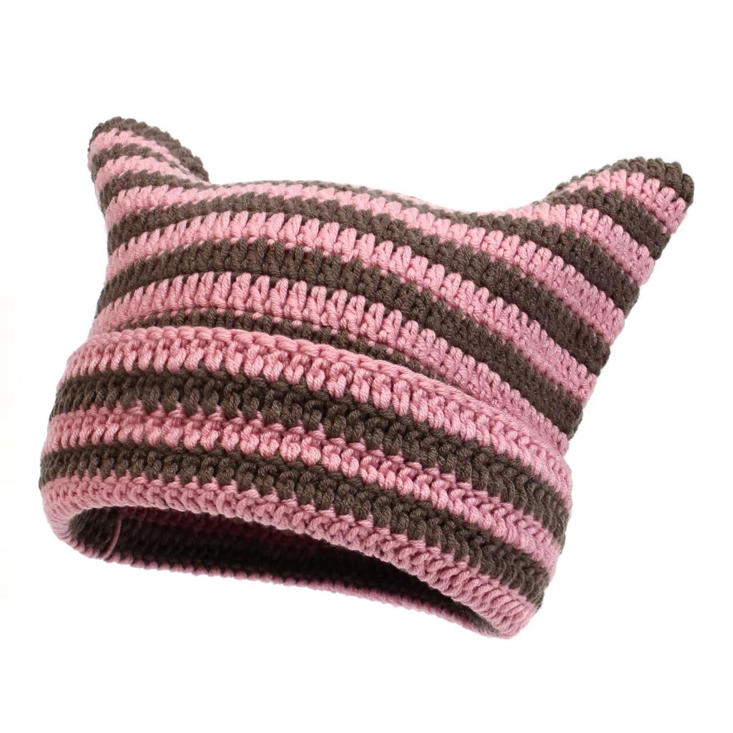 Women’s Hand Knitted Striped Cat Hat – Cute Warm Winter Beanie - FitiqueFit
