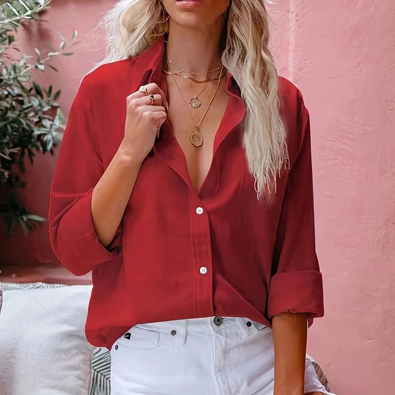 Women's Simple Button Front Shirt, Elegant Long Sleeve Solid Color Shirt Tops CJ US