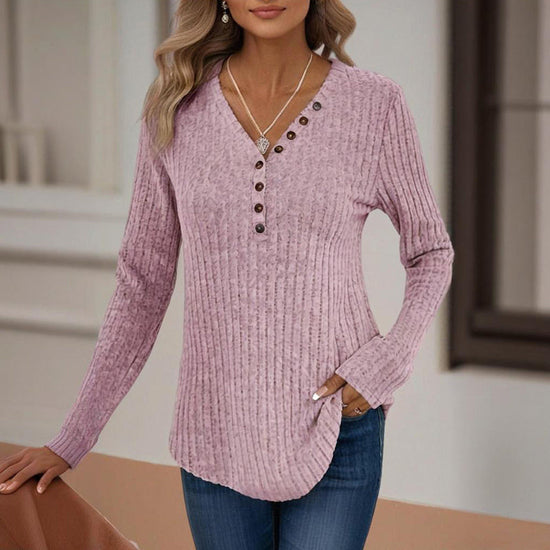 Women's Solid Color Button V-Neck Long Sleeve Knit Top - Casual Comfort Blouse For Spring&Fall CJ US