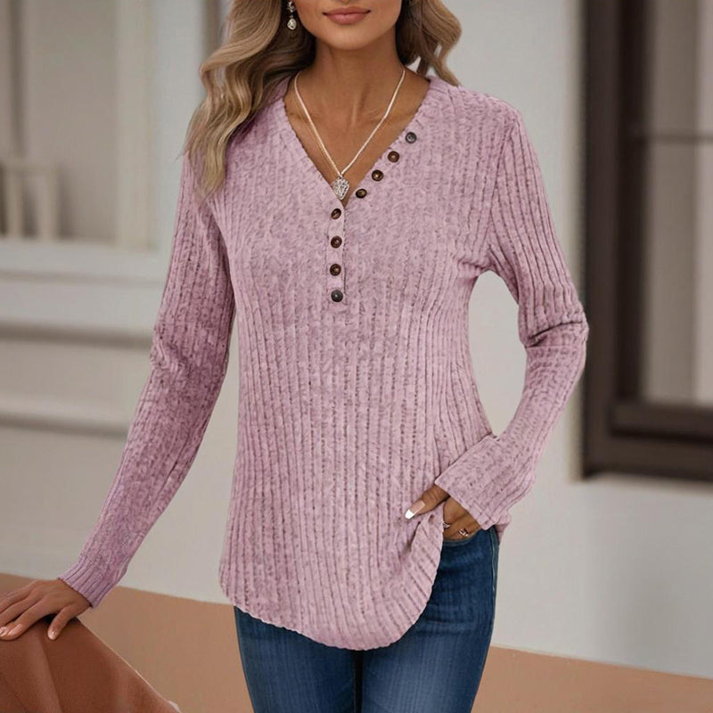 Women's Solid Color Button V-Neck Long Sleeve Knit Top - Casual Comfort Blouse For Spring&Fall CJ US
