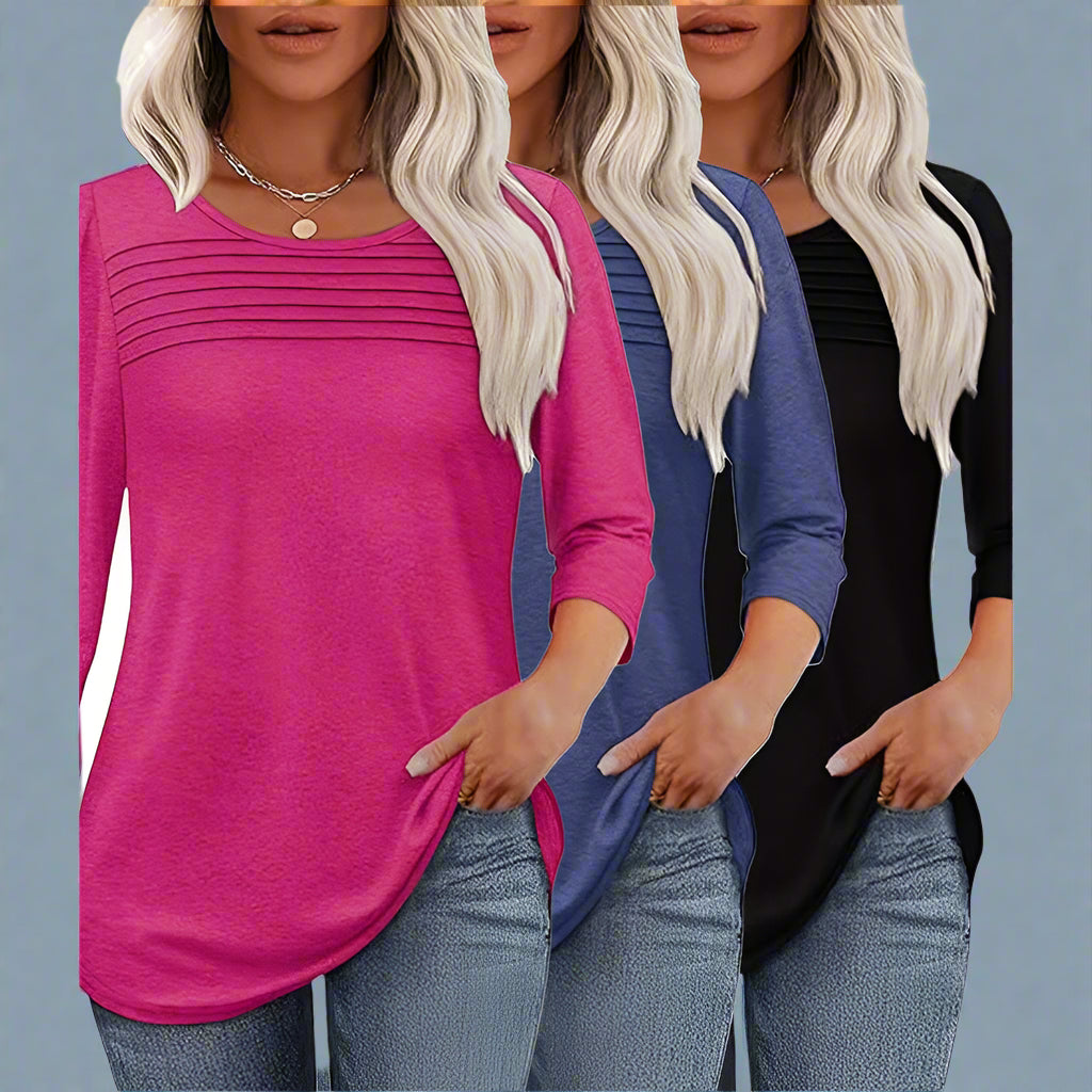 Women's 3-Pack 3 4 Sleeve Tunic Tops, Round Neck Pleated Blouse, Dressy Casual Shirts For Spring Summer Fall CJ US