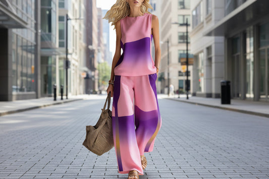 Women's Casual Sleeveless Printed Wide-Leg Pants Two-Piece Set 
