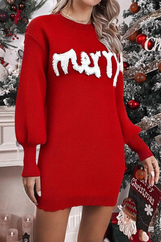 Women's Knitted Round Neck Lantern Sleeve Pullover Sheath Dress CJ