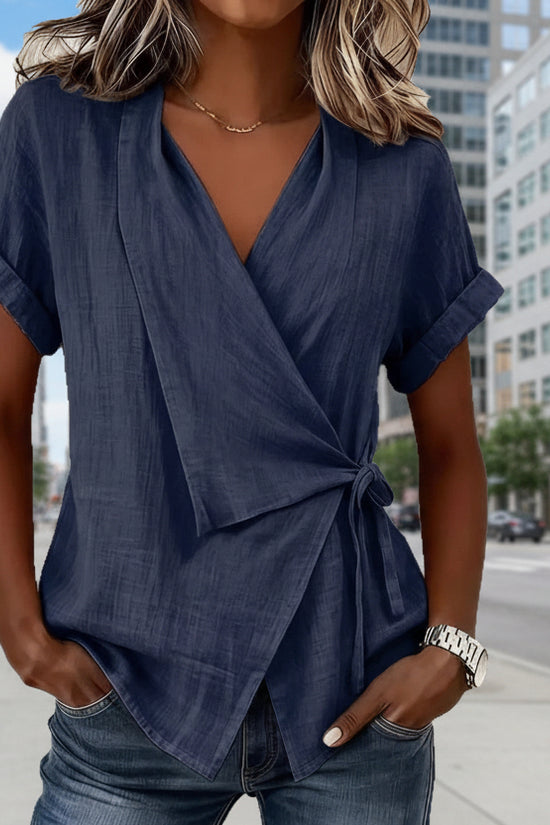Women's Casual Lapel Collar Lace-Up Short-Sleeve Top 