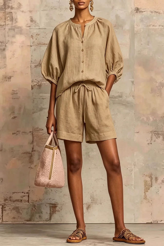 Fashionable Cotton-Linen Lantern-Sleeve Shirt And Mid-Waist Drawstring Shorts Set 