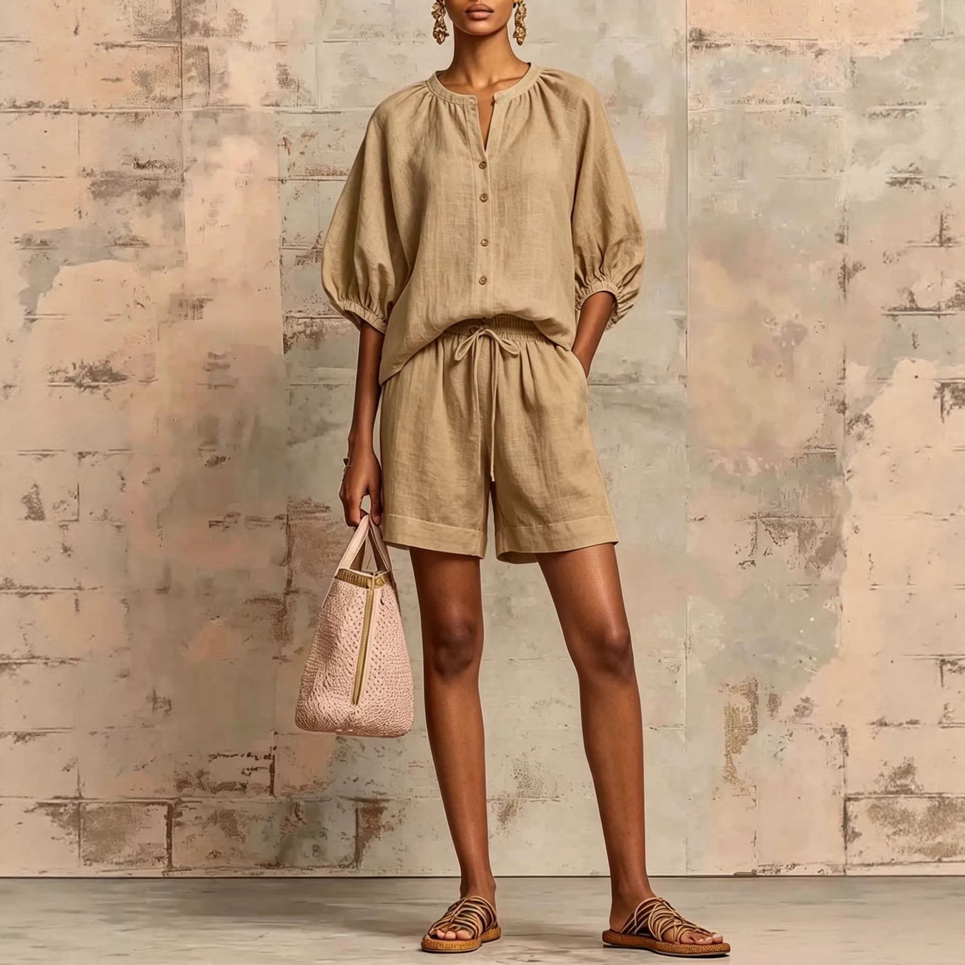 Fashionable Cotton-Linen Lantern-Sleeve Shirt And Mid-Waist Drawstring Shorts Set 