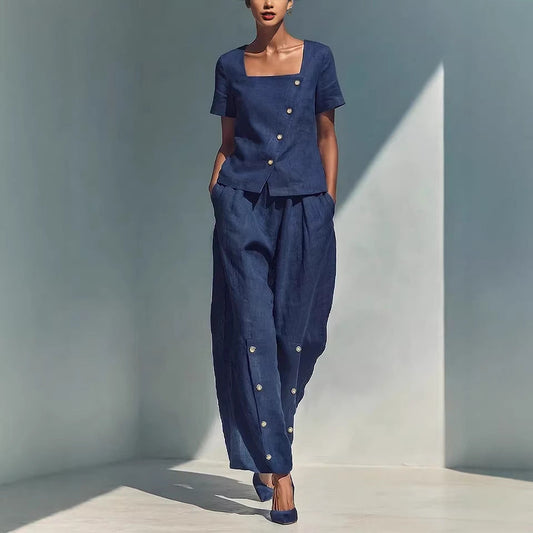 Womens Loose Short-Sleeve Top And High-Waist Pants Two-Piece Set 