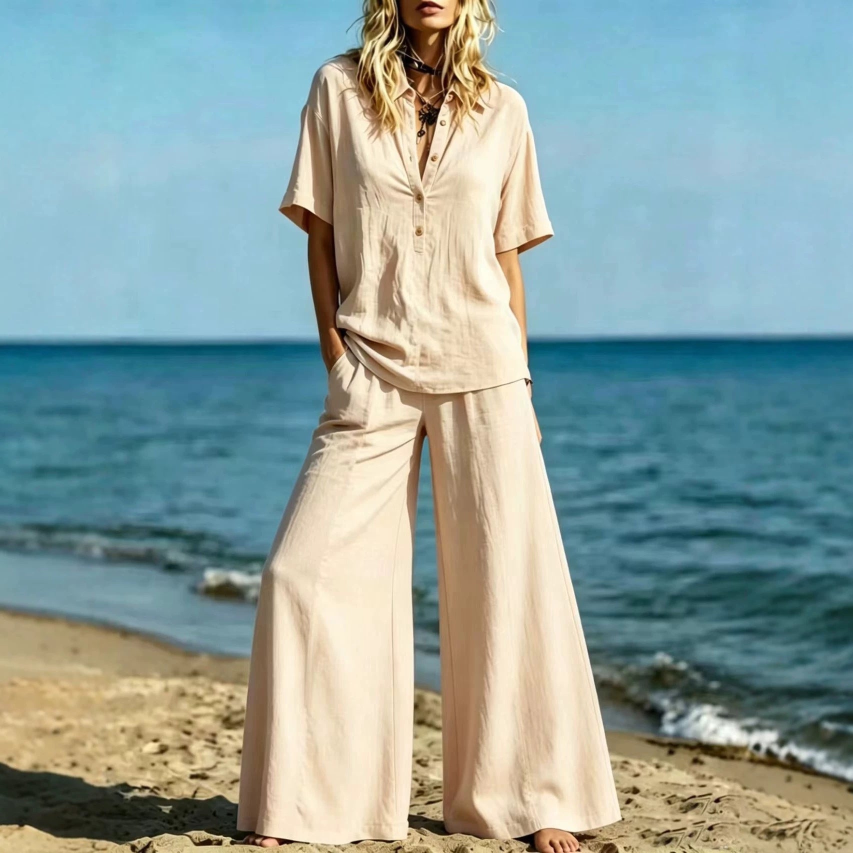 Button-down Shirt And Wide-leg Pants Two-piece Set For Women 