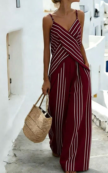 Striped Casual Womens V-Neck Sleeveless Set 