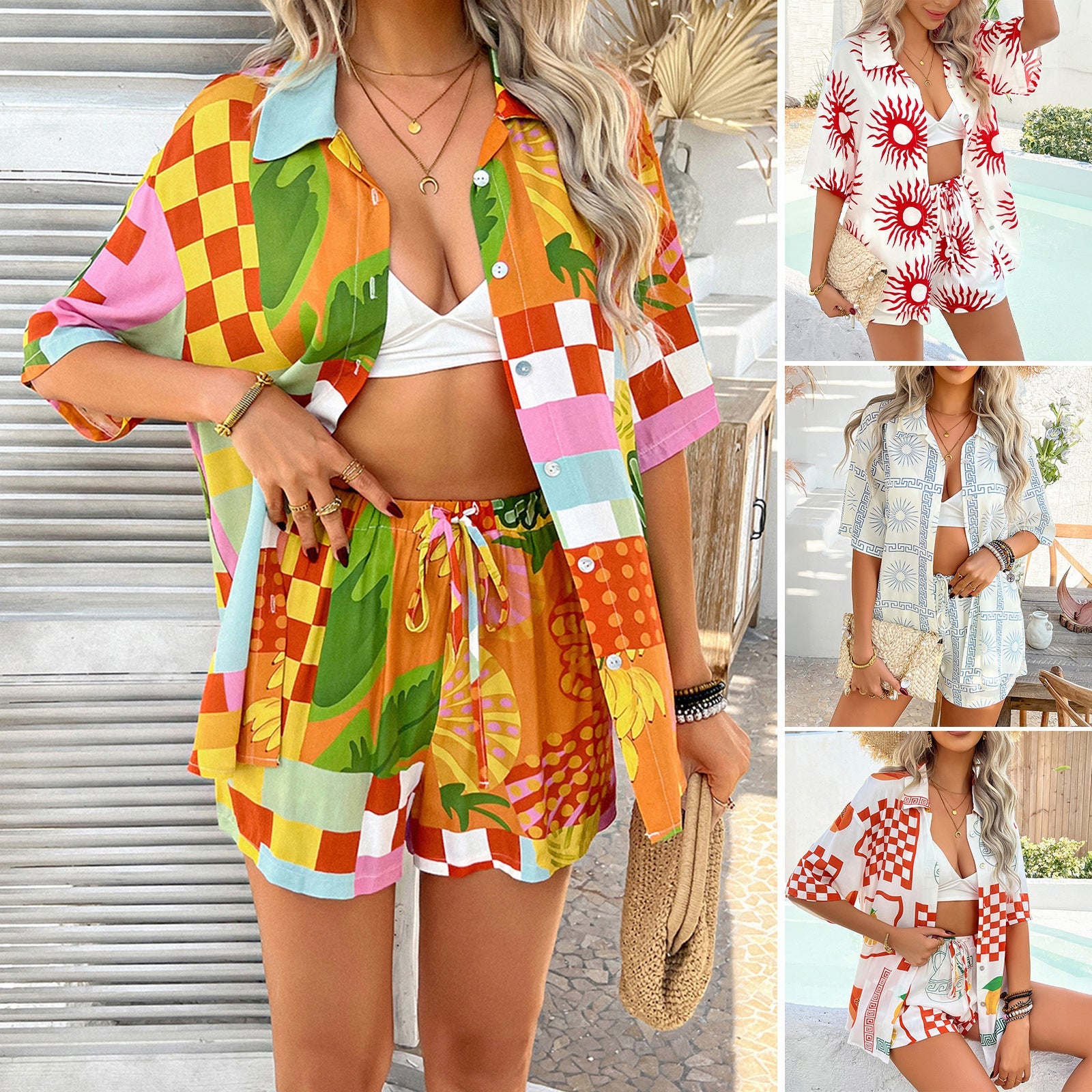 Casual Resort Style Floral Color-Block Cardigan And Shorts Set 