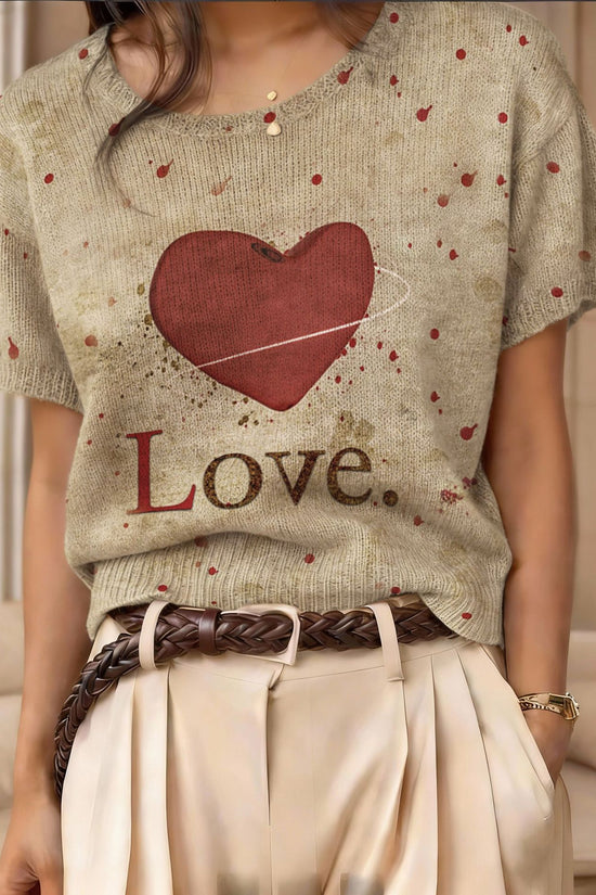 Retro Short-Sleeve Sweater Contrast-Color Jacquard Knit Top 