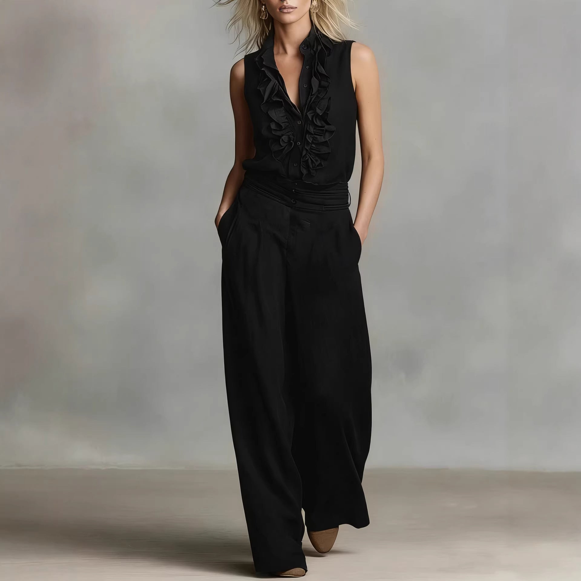 Linen-blend Sleeveless Shirt And Wide-leg Pants Set 