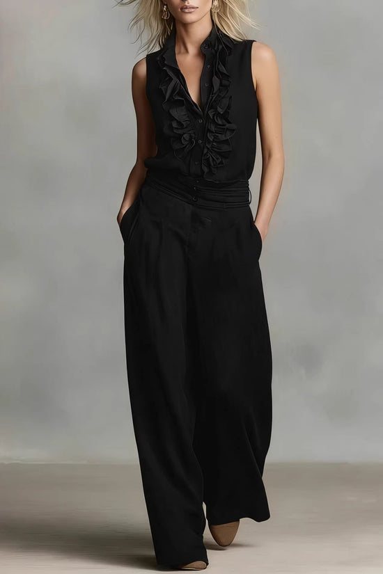 Linen-blend Sleeveless Shirt And Wide-leg Pants Set 
