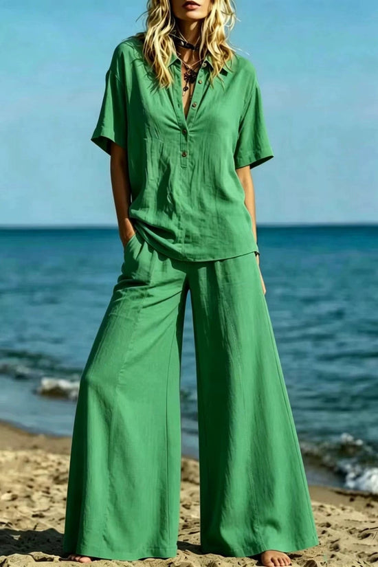 Button-down Shirt And Wide-leg Pants Two-piece Set For Women 