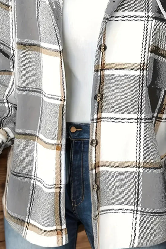 New Plaid Pattern Long Sleeved Hook And Loop Wool Lined Hooded Jacket For Warmth, Women's Plaid Hooded Drawstring Jacket, Single Breasted Closure, Comfortable And Casual CJ US