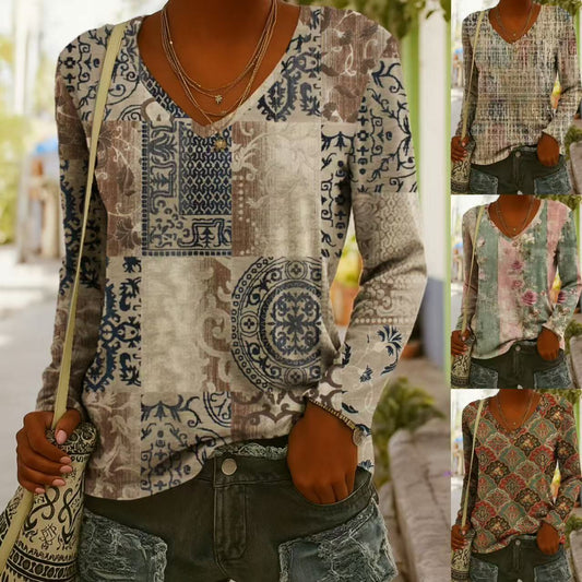 Fashionable Ethnic-Style Printed V-Neck Long-Sleeve T-Shirt 