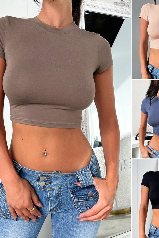 Women's Slim Fit Midriff-Baring Short Sleeve Crop Top FitiqueFit