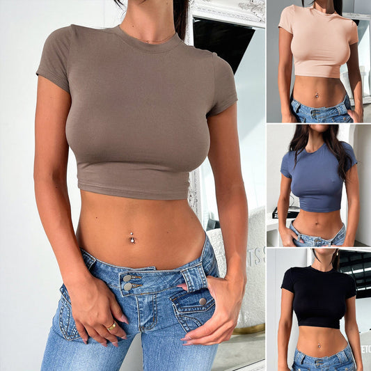 Women's Slim Fit Midriff-Baring Short Sleeve Crop Top FitiqueFit