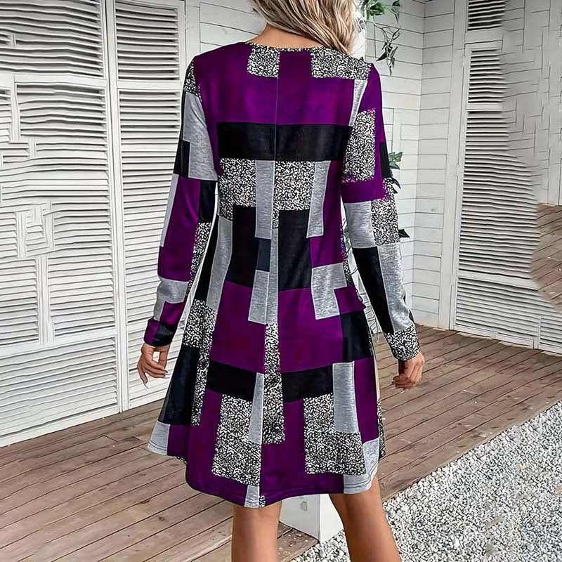 Women's Round Neck Long Sleeve Dress - Digital Print Casual Elegant Spring & Fall Dress CJ US