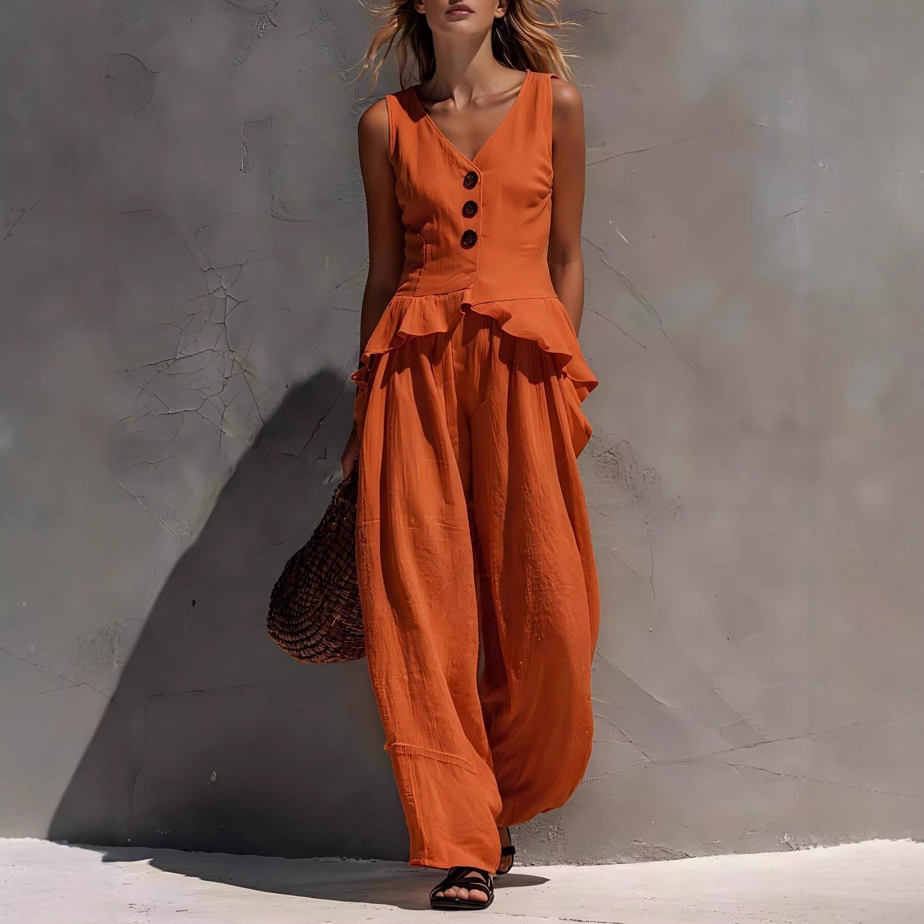 Sleeveless V-neck Ruffled Tank Top Draping Wide-leg Pants Two-piece Set 