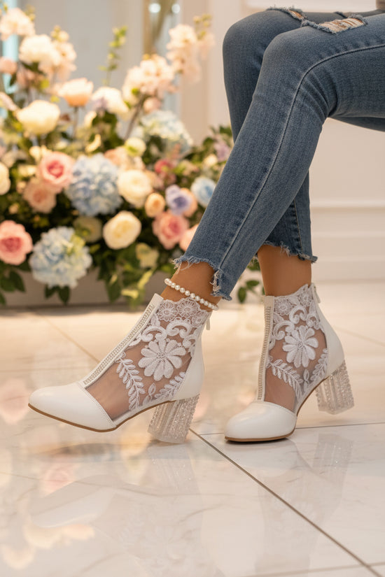 Lace-Embroidered Mesh Chunky-Heel Ankle Boots | Black & White EU 35–43 