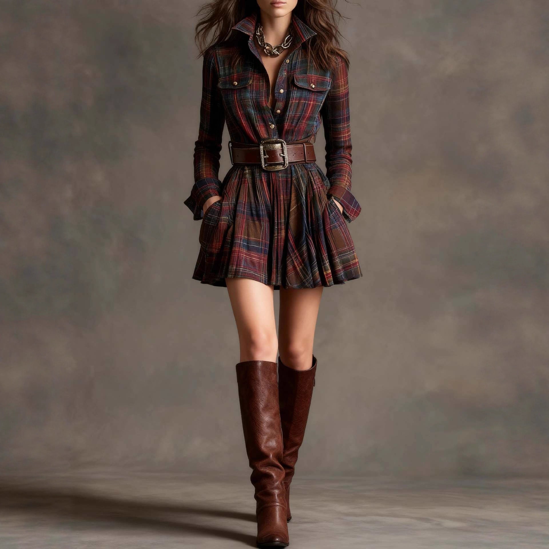 European And American Elegant Plaid Long Sleeve Short Dress Belt 