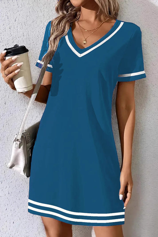 V-neck Fashionable And Elegant Contrast-color Short-sleeve Dress 