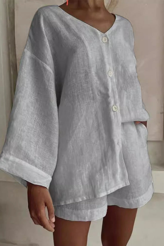 Fashionable Cotton-Linen Shirt And Shorts Casual Set 