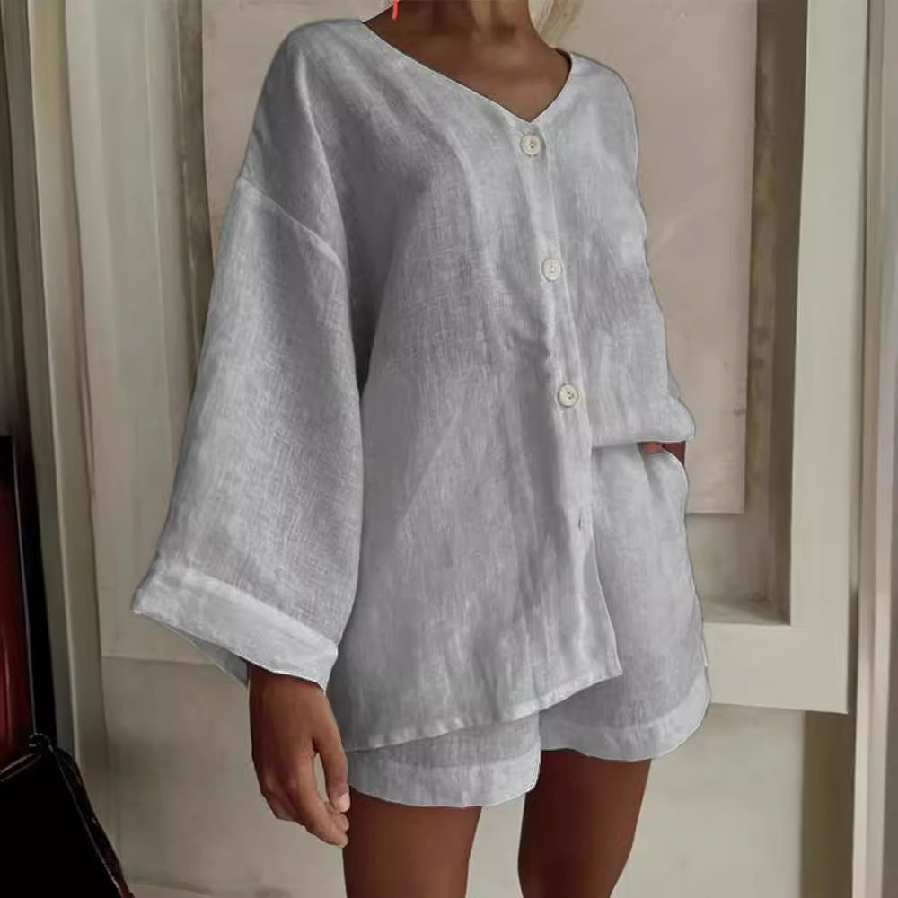 Fashionable Cotton-Linen Shirt And Shorts Casual Set 