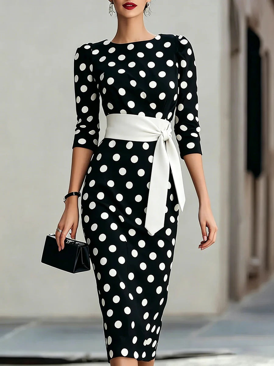 Retro Polka-dot Navy Blue Belted Waist-hugging Elegant Dress 