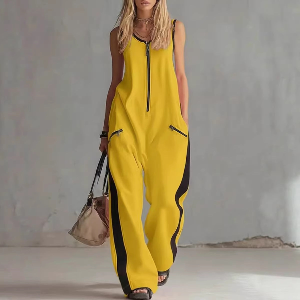 Zip-up Crewneck Sleeveless Casual Cotton Wide-leg Jumpsuit 
