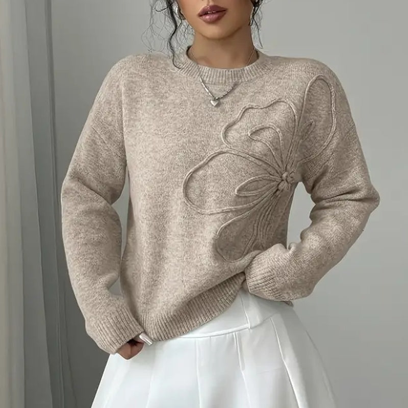 Women's Elegant Floral Sweater - 2025 Fall Winter Crew Neck Long Sleeve Casual Pullover 