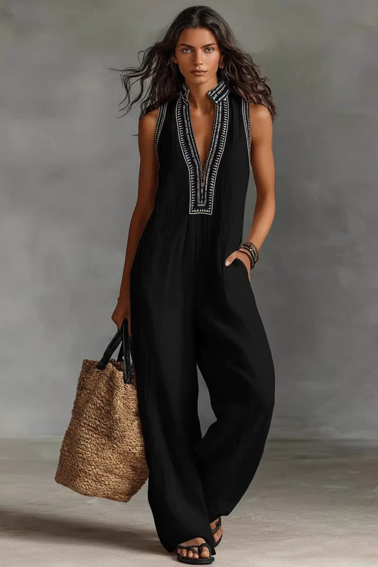 Women's Simple Linen-blend Sleeveless Jumpsuit 