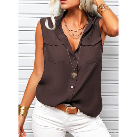 Solid-color Lapel-collar Loose-fit Sleeveless Top With Pockets 