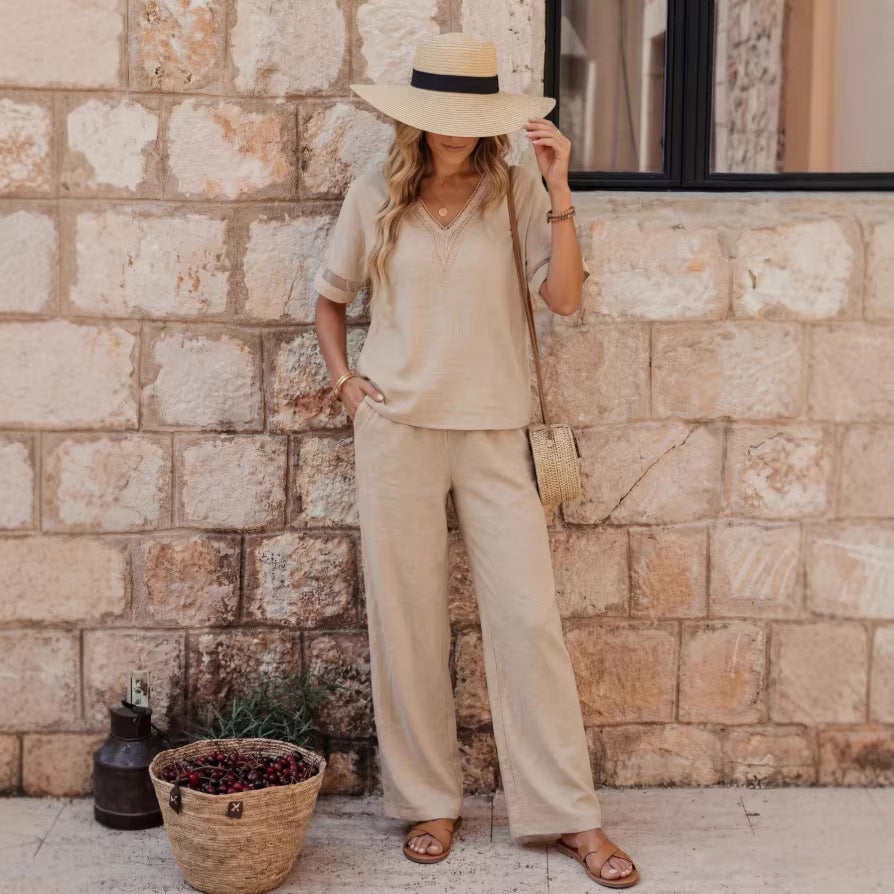 Fashionable V-neck Embroidered Top With Casual Wide-leg Pants Elegant Womens Set 