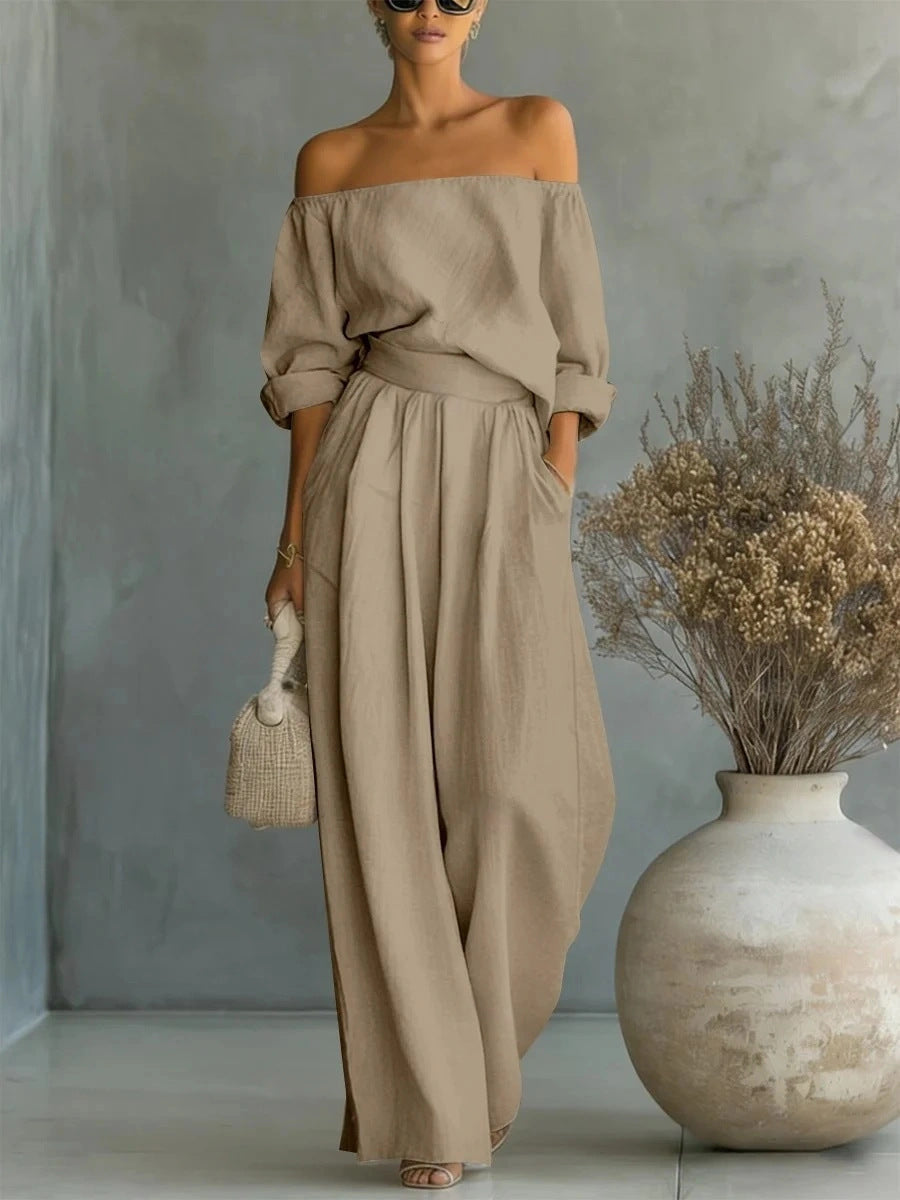 Casual Two-Piece Womens Outfit Off-Shoulder Top And Wide-Leg Pants Set 